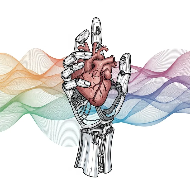 Intricate Semi-Mechanical Hand delicately holding Human Heart