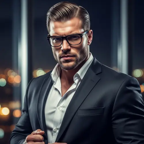 Muscular Caucasian Man in Stylish Black Eyeglasses