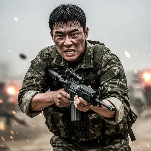 Asian Male Soldier Charging into Battlefield