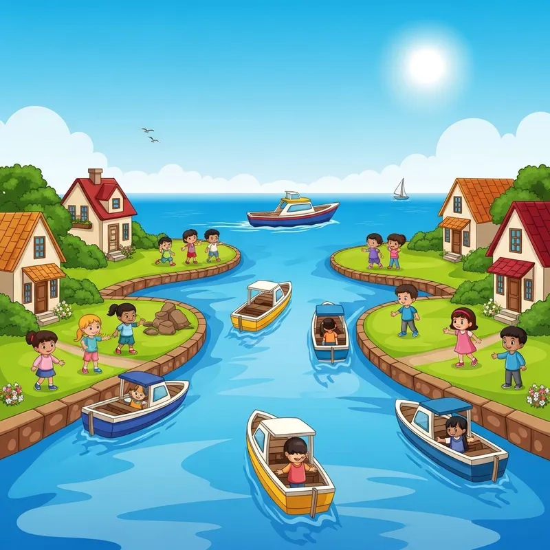 Tranquil River Confluence: Delightful Scenes of Children Playing & Colorful Boats Tranquil River Confluence: Delightful Scenes of Children Playing & Colorful Boats