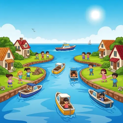 Serene River Confluence: Children Playing, Colorful Boats Sailing to Sea