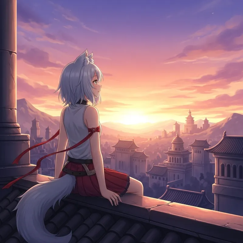 Anime Girl with White Hair and Wolf Ears Sitting on Palace Roof at Sunset