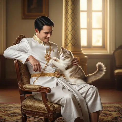 Thai Royal Attire: Man with Cat in Lap