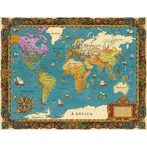 Antique World Map: Explore Continents and Mythical Creatures