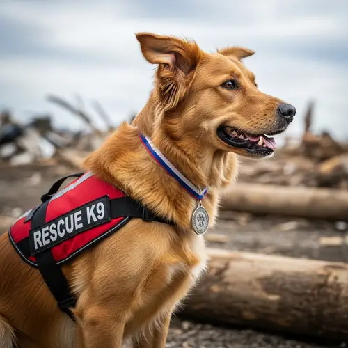 Alert Rescue Dog with Red Vest and Medal | Ready to Jump into Action