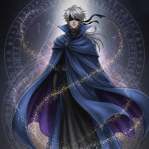 Mystical Slender Figure in Dark Blue Robe | Silver-Haired Character