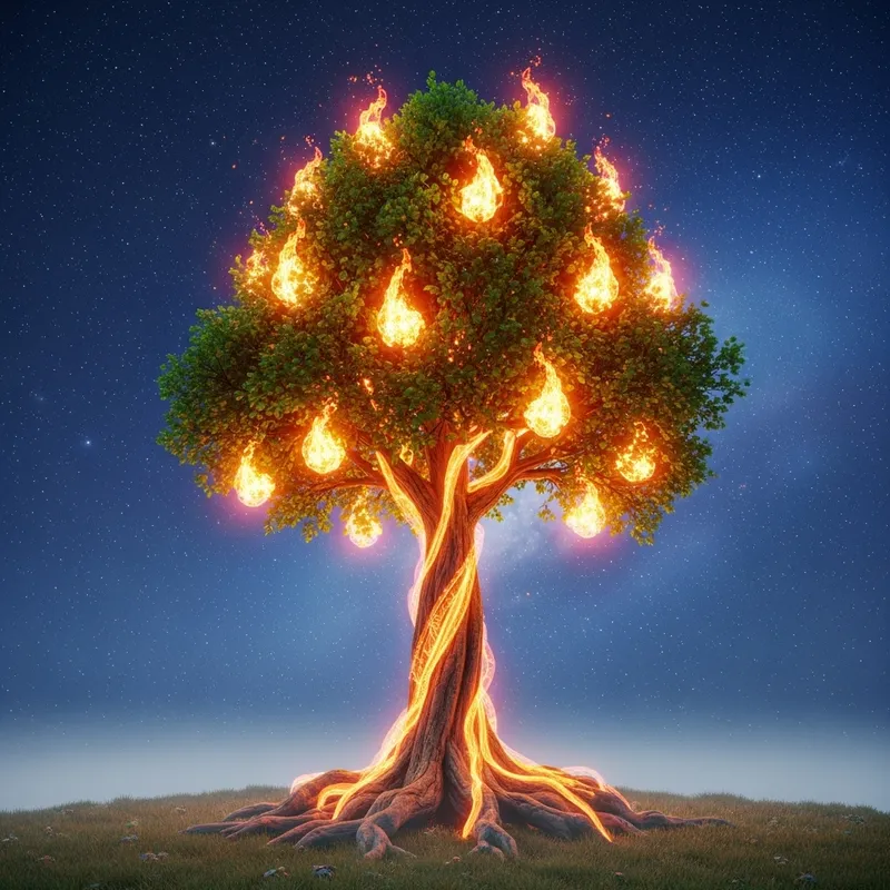 Burning Tree in 3D: Captivating Night Sky Imagery