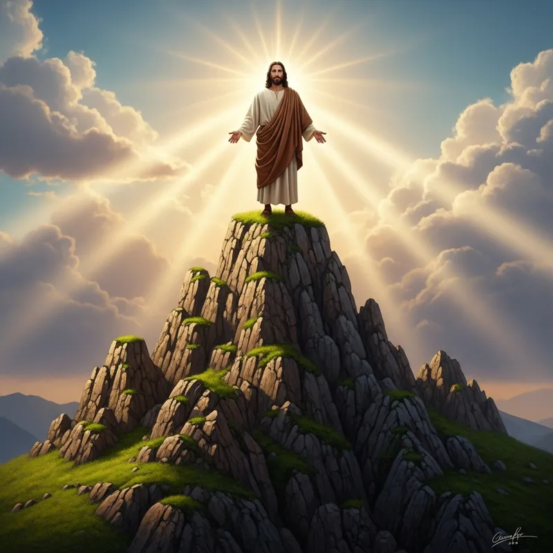 Serene Jesus atop Towering Mountain Serene Jesus atop Towering Mountain