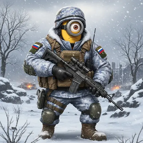 Russian Patriotic Minion Inspired Character in Winter Military Operation