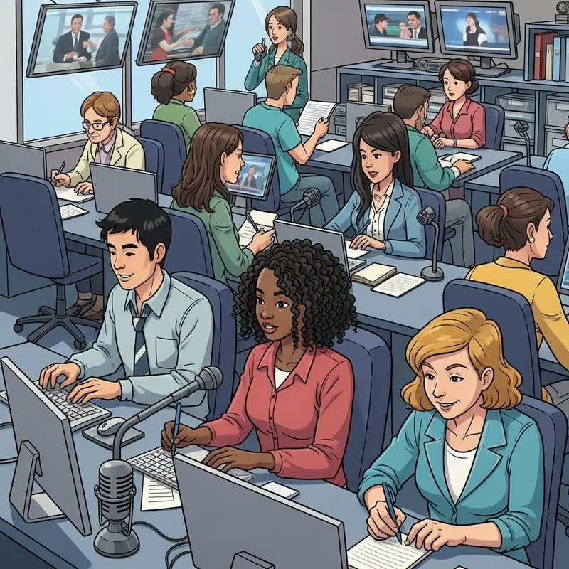Smiling Journalist Working - Vibrant Newsroom Professionalism
