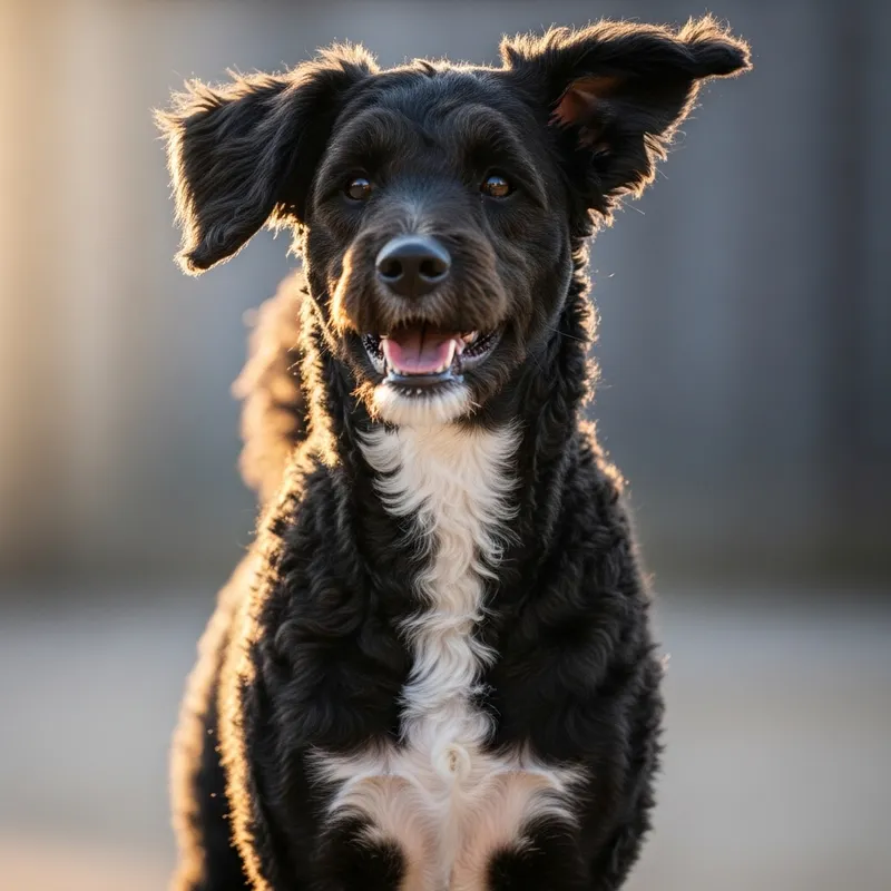 Black Dog with White Triangle Chest and Curly Fur