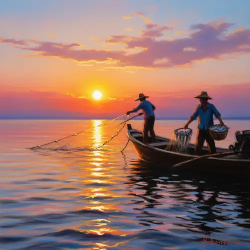 Sundown Fishing Scene Painted with Pastel Colors