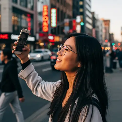 Asian Girl Taking a Selfie on City Street