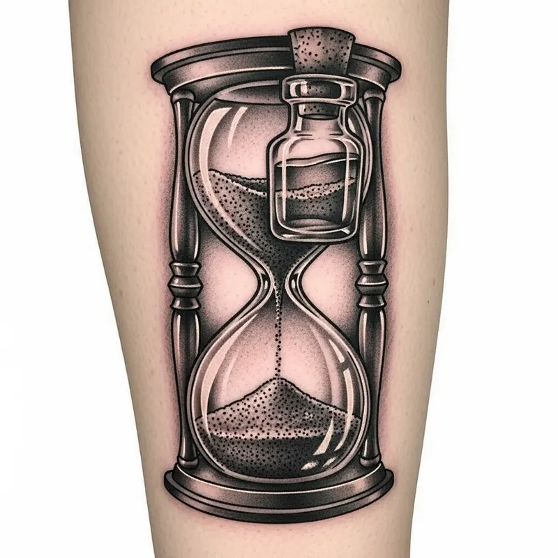 Intricate Hourglass and Bottle Tattoo Design: Symbolizing Time and Materiality Intricate Hourglass and Bottle Tattoo Design: Symbolizing Time and Materiality
