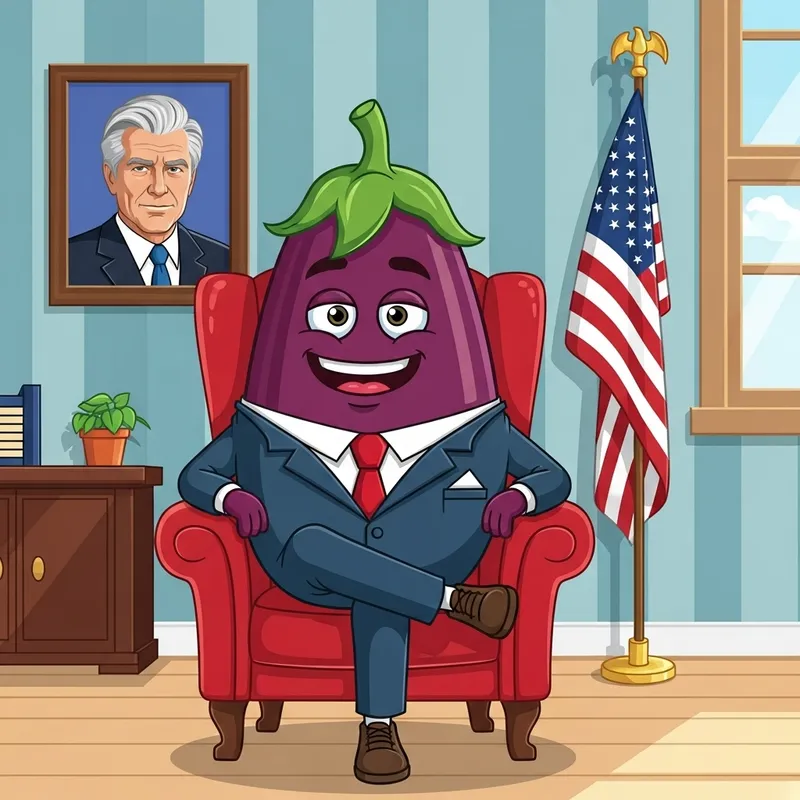 Eggplant in Red Armchair with US Flag in Office Eggplant in Red Armchair with US Flag in Office
