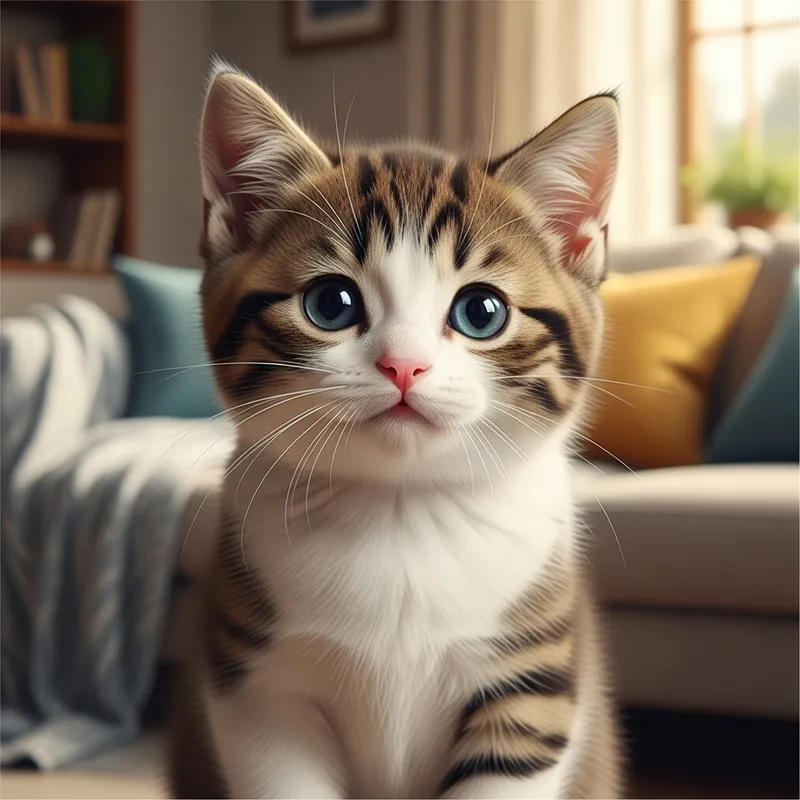 Cute Brown and White Kitten in Cozy Living Room