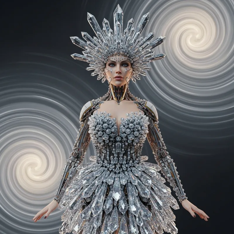 Futuristic Optics Art: Silver & Gold Cyborg Woman in Crystal Dress Futuristic Optics Art: Silver & Gold Cyborg Woman in Crystal Dress