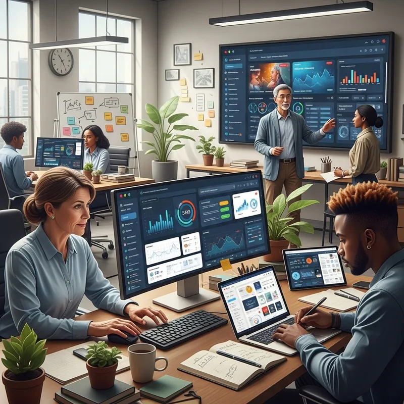 Diverse Digital Marketing Professionals in Modern Office Diverse Digital Marketing Professionals in Modern Office