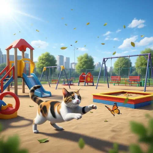 Playful Domestic Cat Chasing Butterfly in Colorful Playground