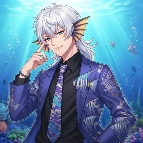Charismatic Anime Boy with Angel Fish-Inspired Design