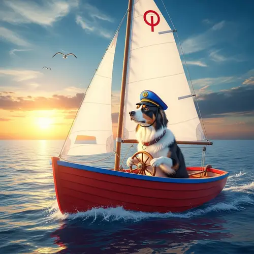Dog Sailing Boat in Blue and Red | Ocean Adventure Scene