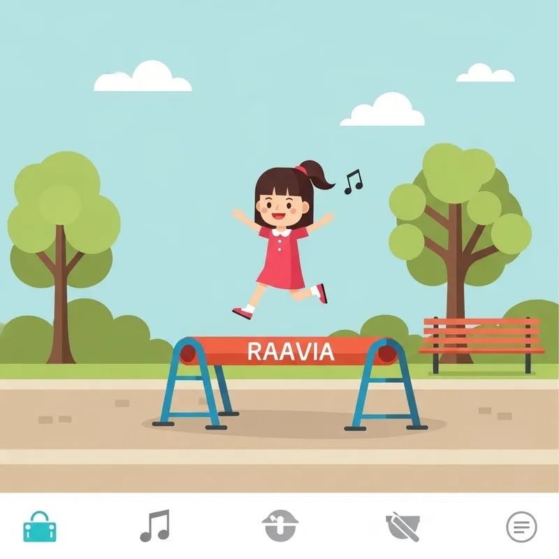 Simple Geometric Park Scene with Cute Girl Skipping Over Vault