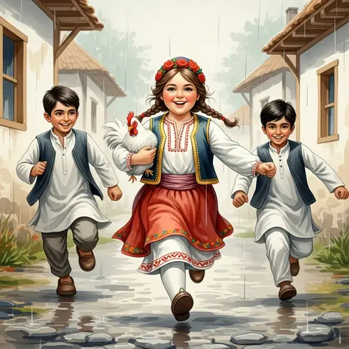 Childhood Joy in Rainy Village: Chubby Girl & Brothers with White Chicken