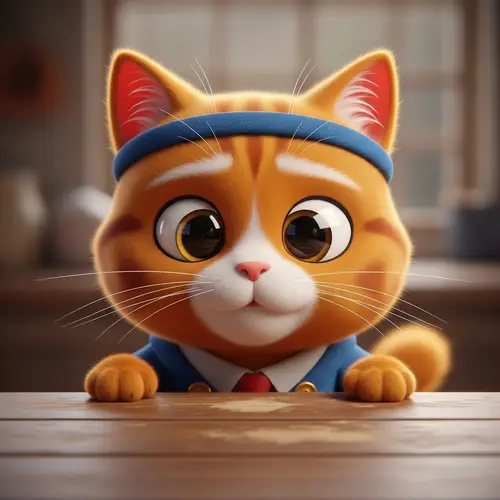 Pixar-Inspired Cat Staring at a Wooden Table