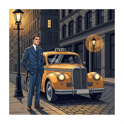 1930s Style Illustration: Gentleman in Blue Suit Waiting for Cab