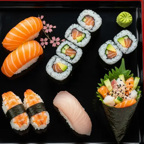 Exquisite Assortment of Traditional Sushi | Fresh Salmon, Tuna, and Temaki