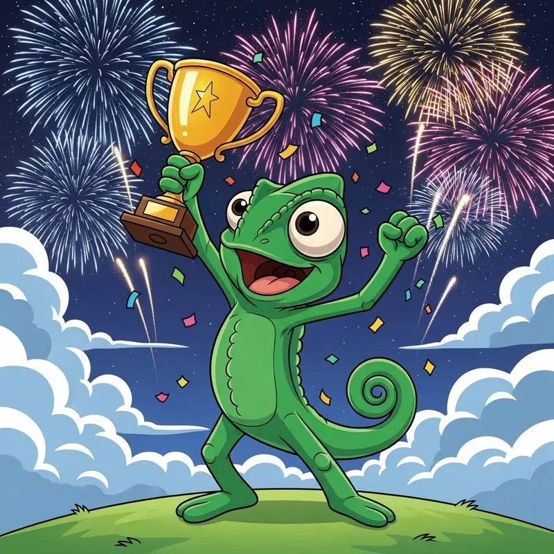 Green Cartoon Chameleon Celebrates Victory with Trophy and Fireworks