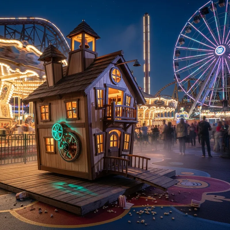 Imaginative Single-Story Wooden House in Nighttime Amusement Park