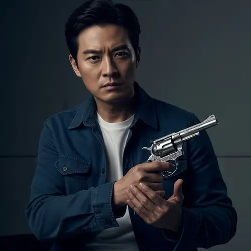 Stylish East Asian Male with Vintage Revolver