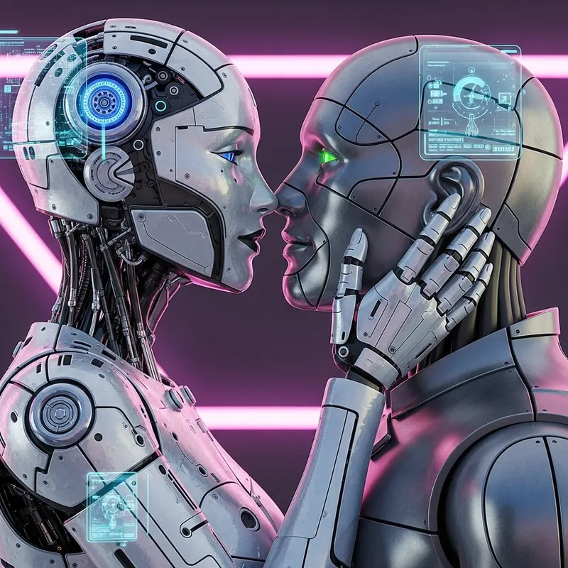 Futuristic Female Robot Kisses Male Robot