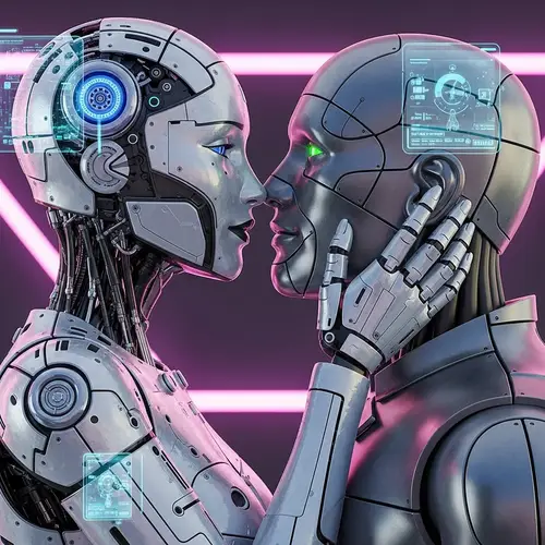 Futuristic Female Robot Kisses Male Robot