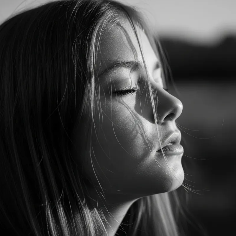 Realistic Girl with Long Hair Looking Up and to the Right