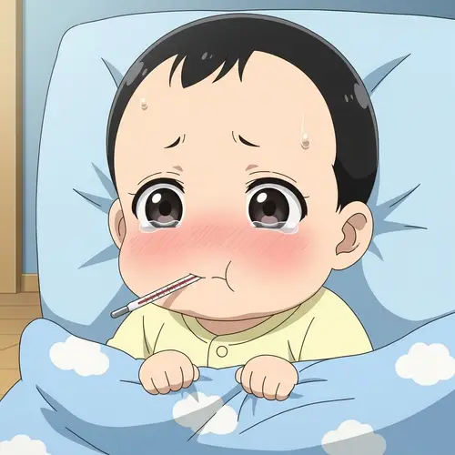 Tiny Black-Haired Anime Baby Feeling Sick