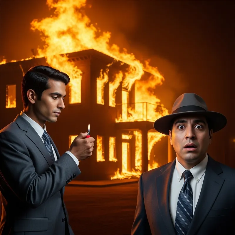 Burning Building Scene: Diverse Men React in Shock and Composure