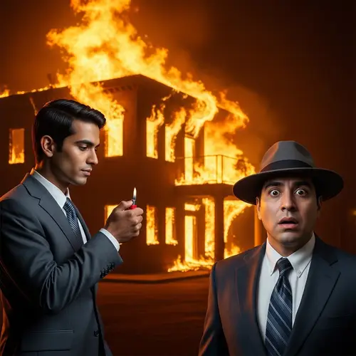 Burning Building Scene: Man in Suit Lights Fire, Another in Shock