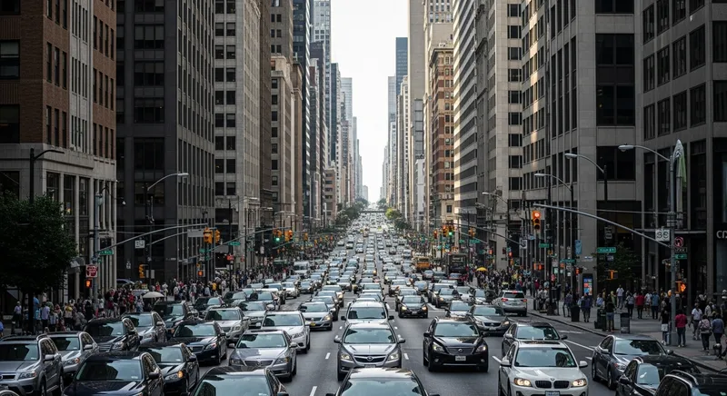 Expansive Cityscape with High-Rise Buildings and Bustling Streets