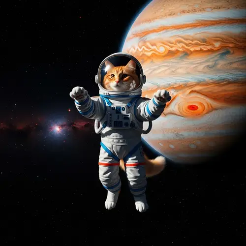 Cat in Space Suit Floating with Jupiter Background