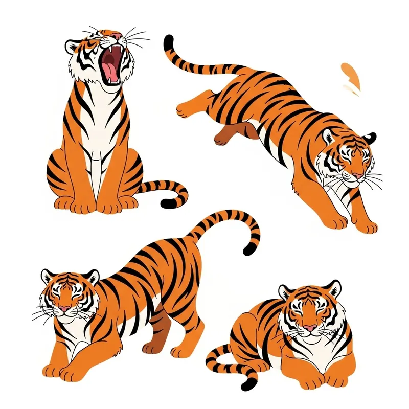 Dynamic Tiger Poses Illustrated | Minimalistic & Vibrant Artwork