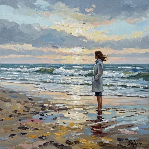 Solitary Figure on Desolate Beach - Impressionistic Art