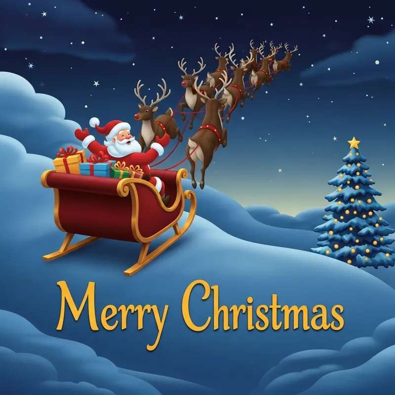 Santa Claus and Reindeer in Winter Night Scene