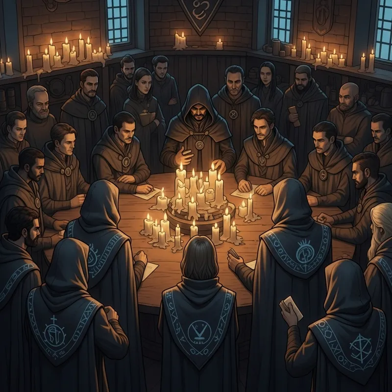 Enigmatic Secret Society Gathering | Diverse Crowd, Mysterious Cloaks