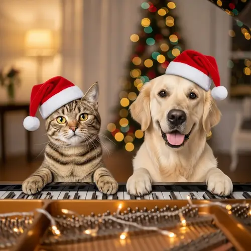 Happy Norwegian Cat and Golden Retriever Playing Piano