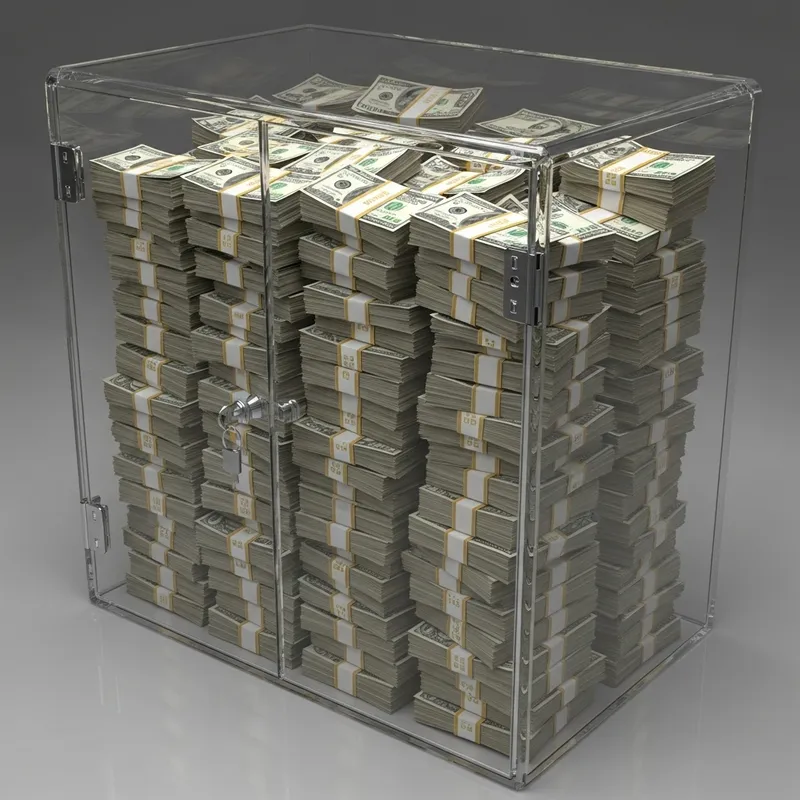 Transparent Cabinet Filled with US Dollar Bills - Real Life Display