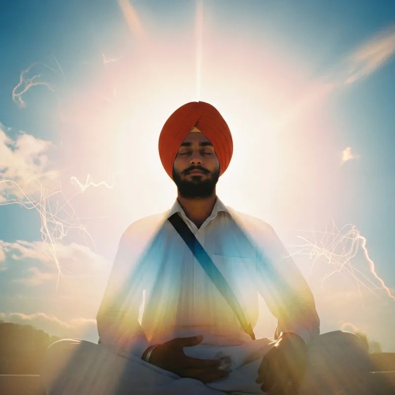 Sikh Man in Red Turban Meditating in Celestial Light