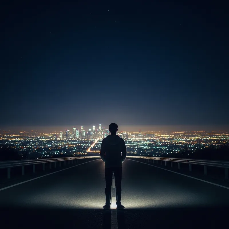 Lonely Boy on a Road at Night with City Lights
