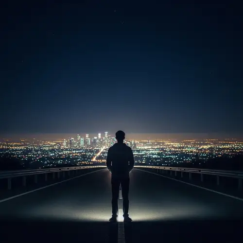 Lonely Boy on a Road at Night with City Lights